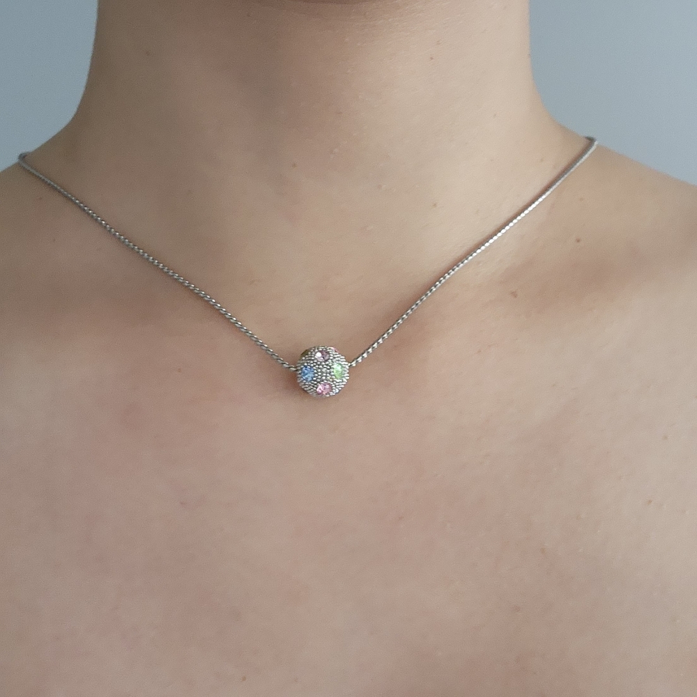 Silver plated round pendant colorful crystal and necklace Preowned